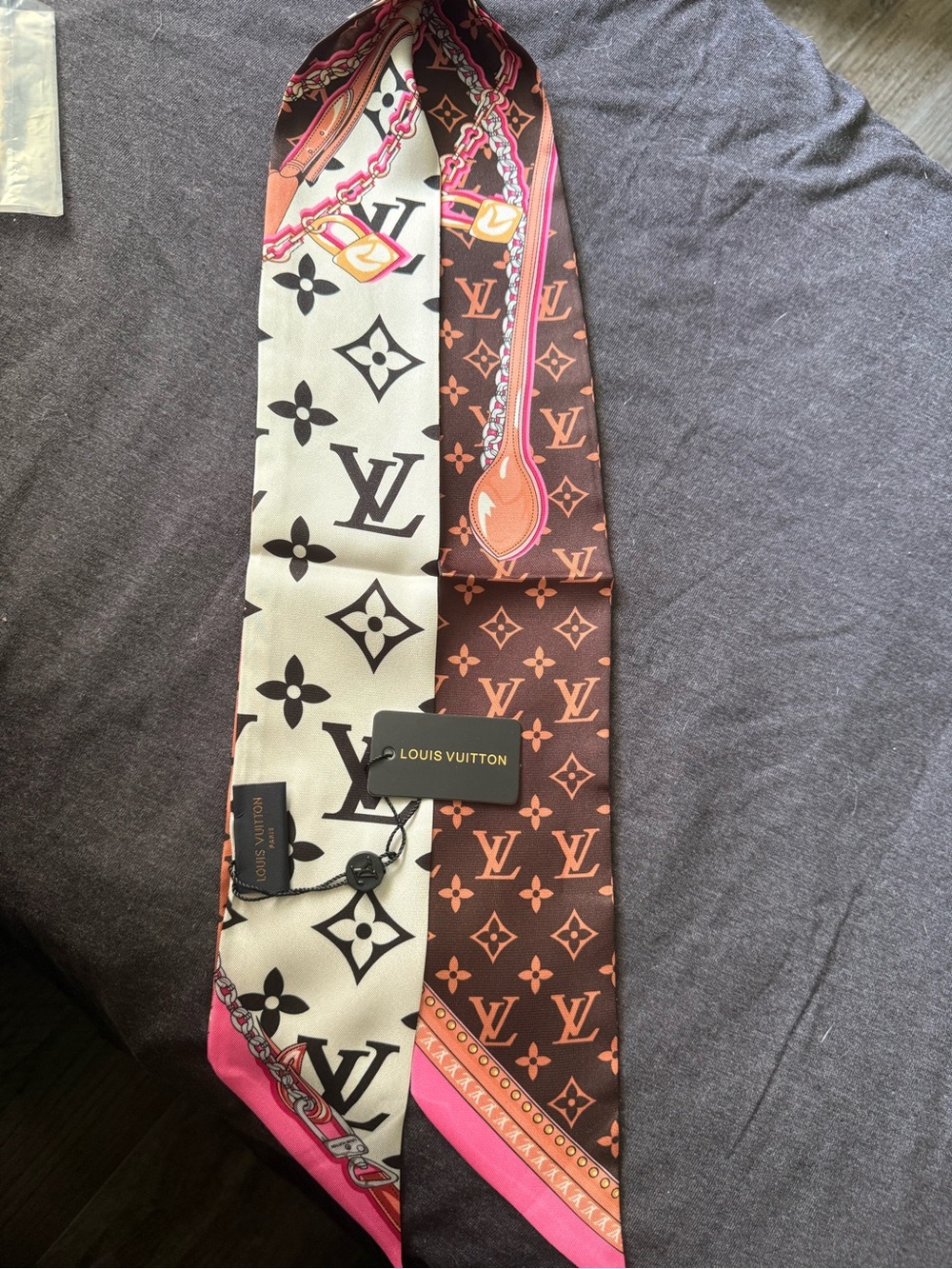 Brown, Pink & Cream Monogram Silk Twilly Scarf